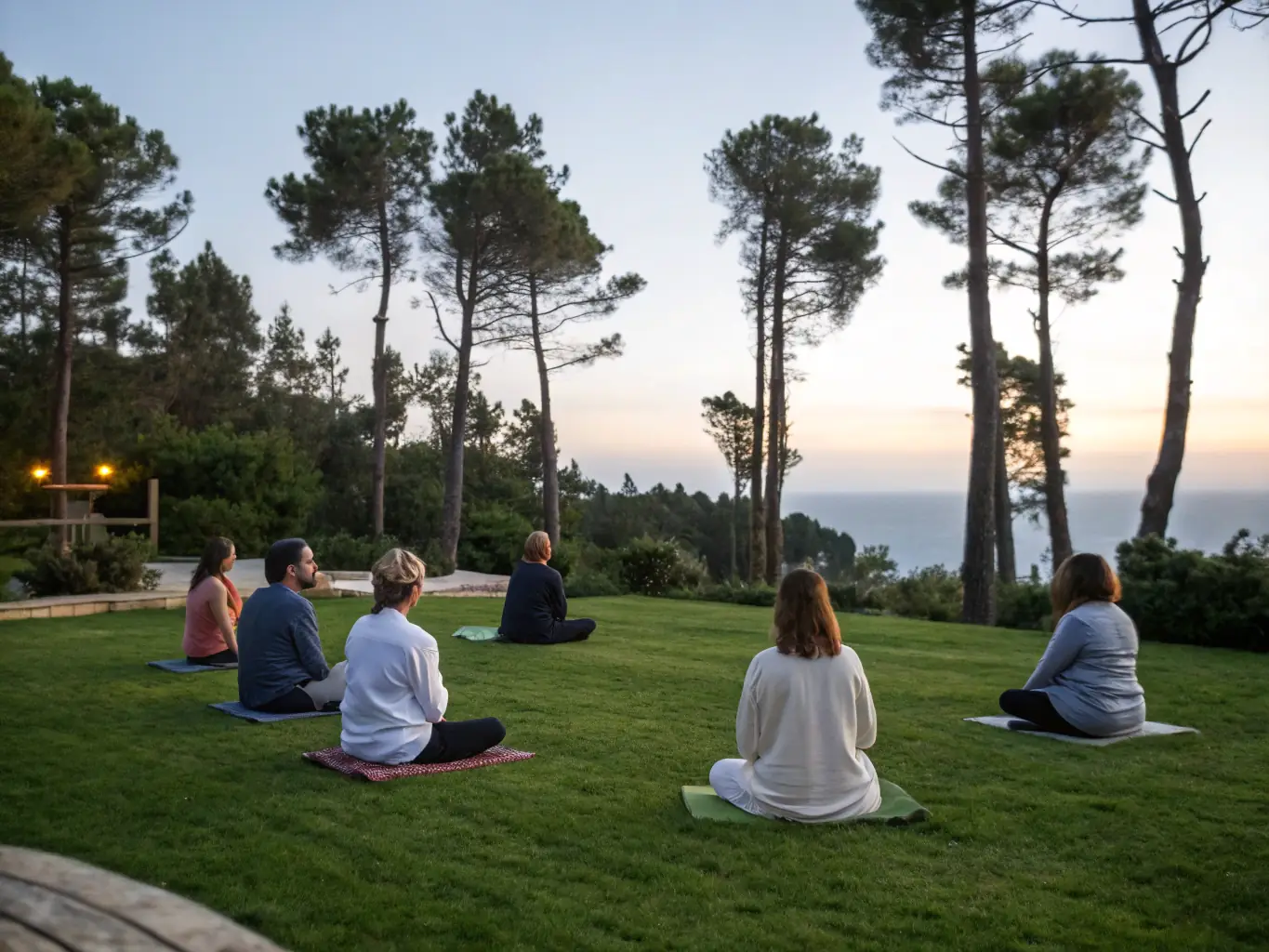 A serene image of people participating in a relaxing yoga or tai chi session in a peaceful setting, promoting mindfulness and well-being.