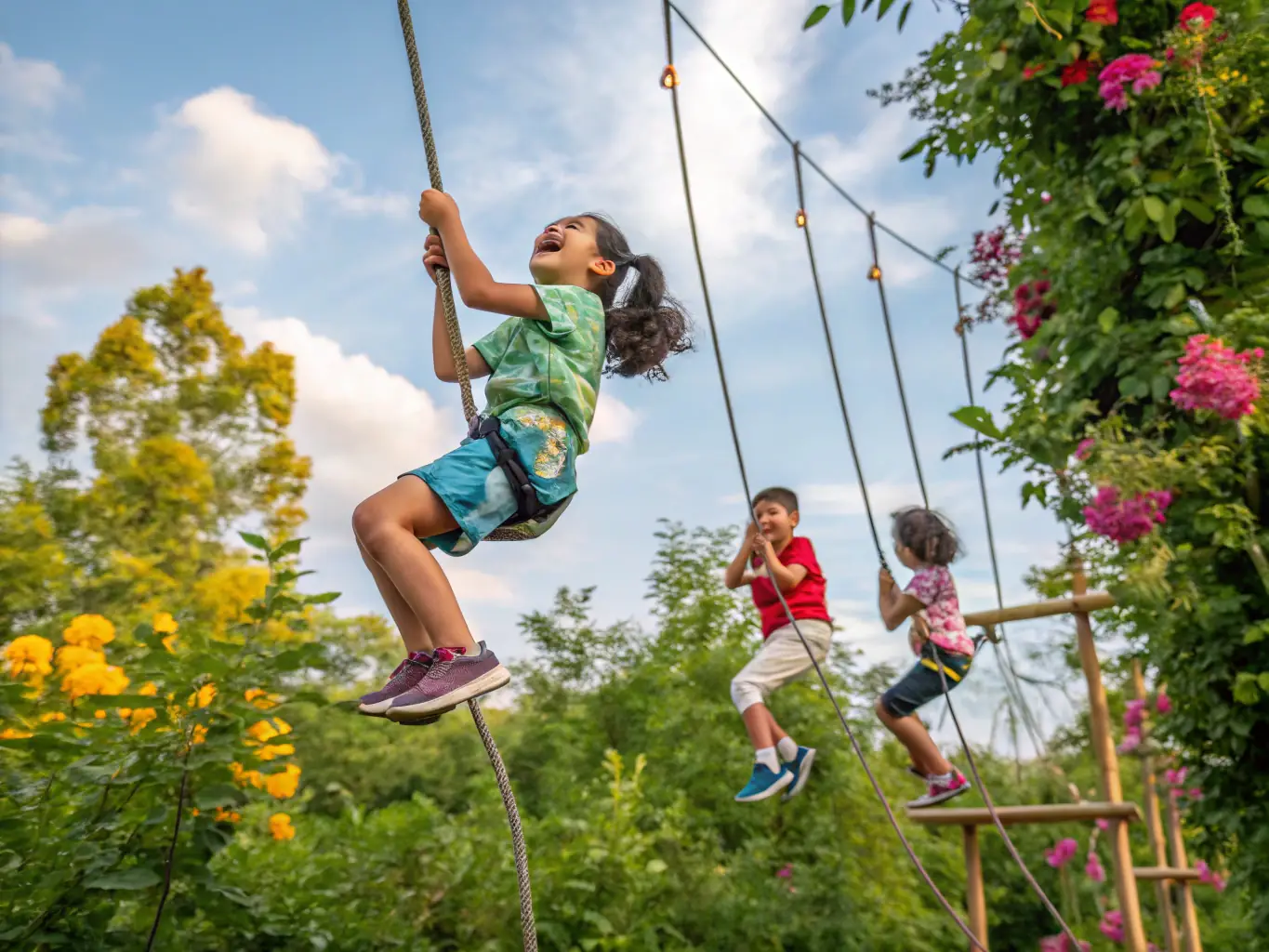 A scenic image of a group of children participating in an outdoor adventure program organized by ENJOYFITNESS, highlighting the organization's commitment to promoting outdoor activities for kids.