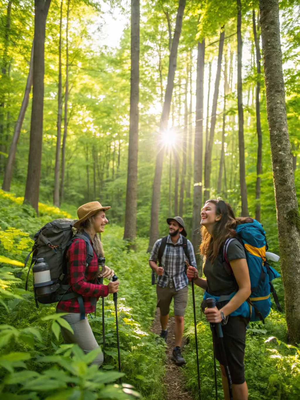 A scenic shot of ENJOYFITNESS's outdoor adventure program, featuring a group of people hiking through a lush forest trail, enjoying nature and physical activity.