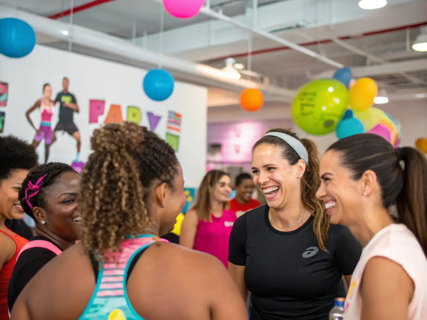 A photograph capturing a group of ENJOYFITNESS members laughing and interacting during a post-workout social event, emphasizing the community aspect.