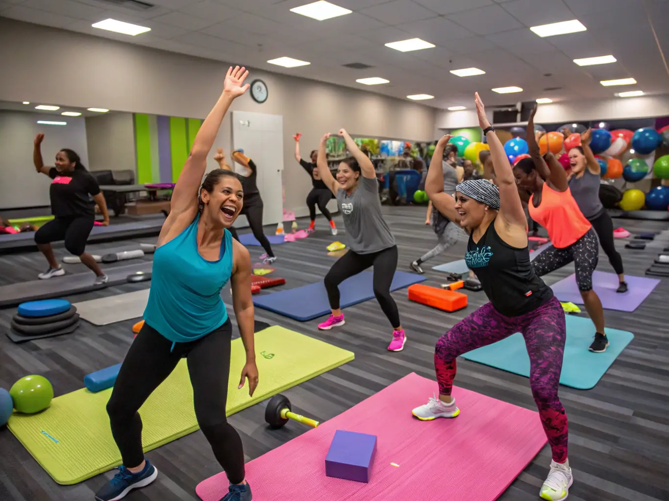 A group of diverse individuals participating in a lively Zumba class at ENJOYFITNESS, showcasing the fun and energetic atmosphere.