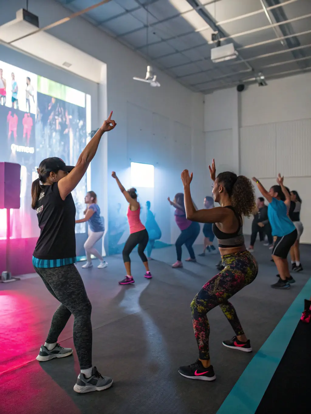 A vibrant image of a group fitness class at ENJOYFITNESS, participants of various ages and fitness levels are engaged in a Zumba session, led by an energetic instructor.