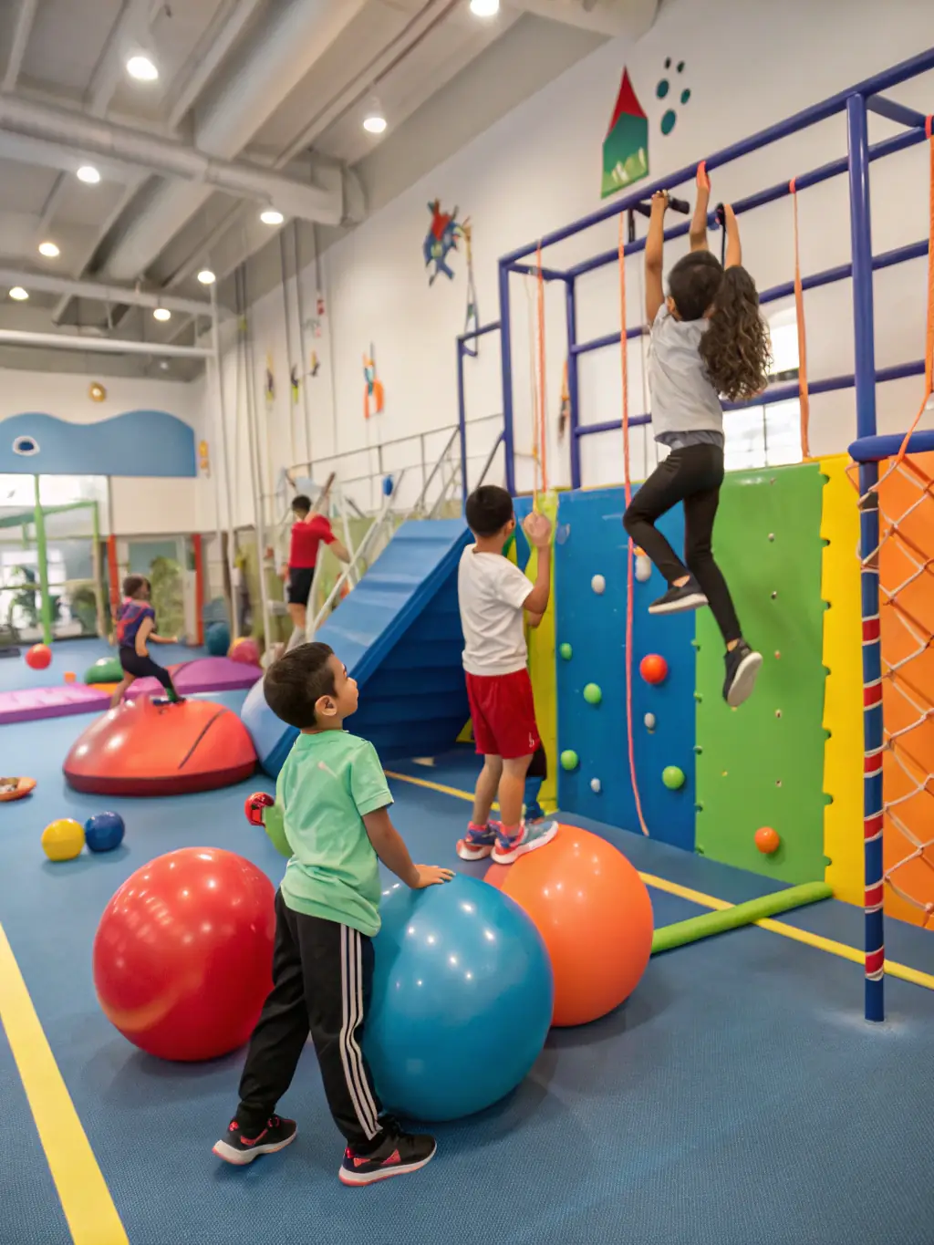 A photo of children participating in a fun and engaging kids' fitness program at ENJOYFITNESS, with colorful equipment and enthusiastic instructors.