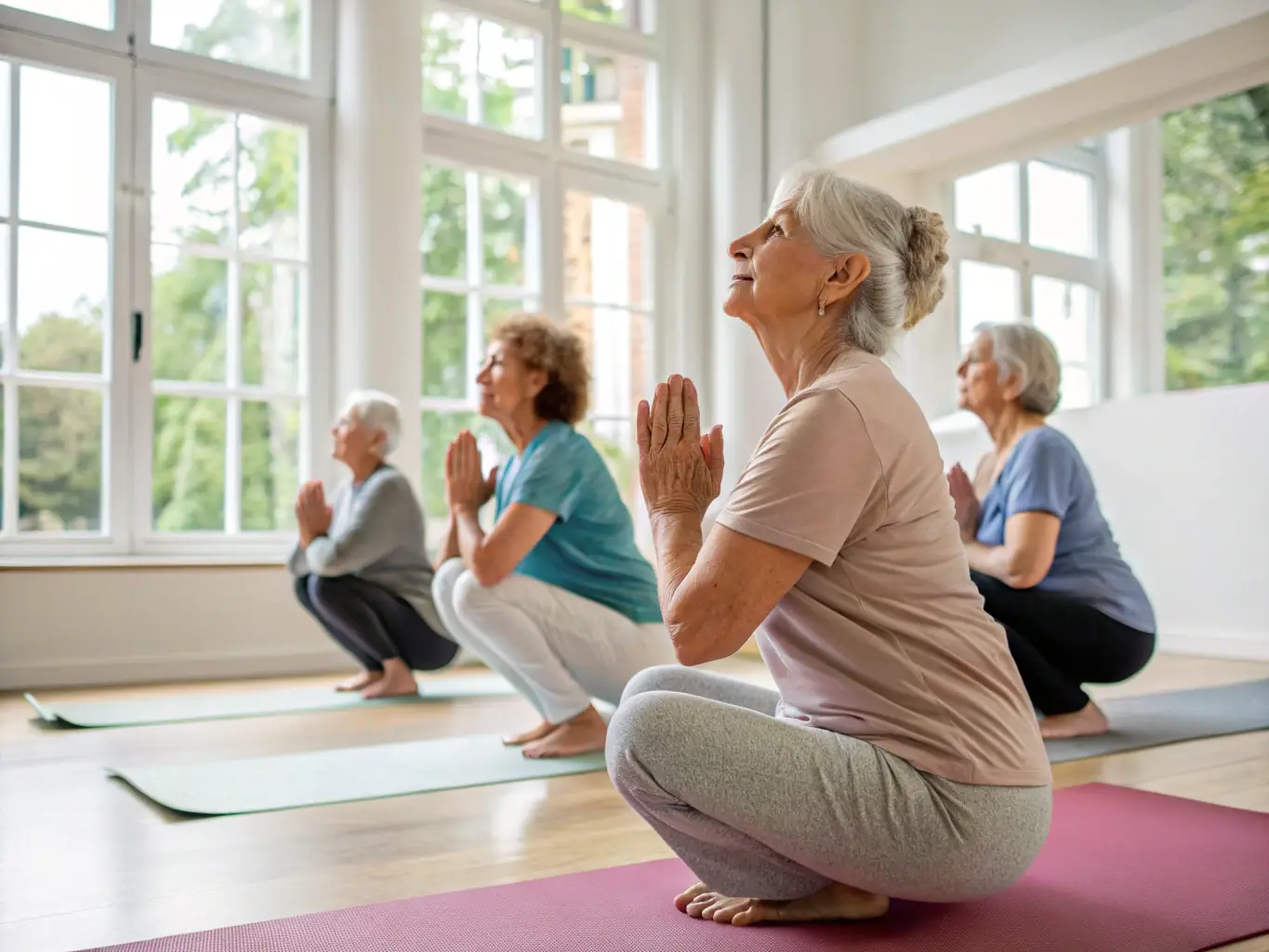 A serene image of a group of seniors participating in a gentle yoga class at ENJOYFITNESS, emphasizing the organization's dedication to providing fitness programs for older adults.