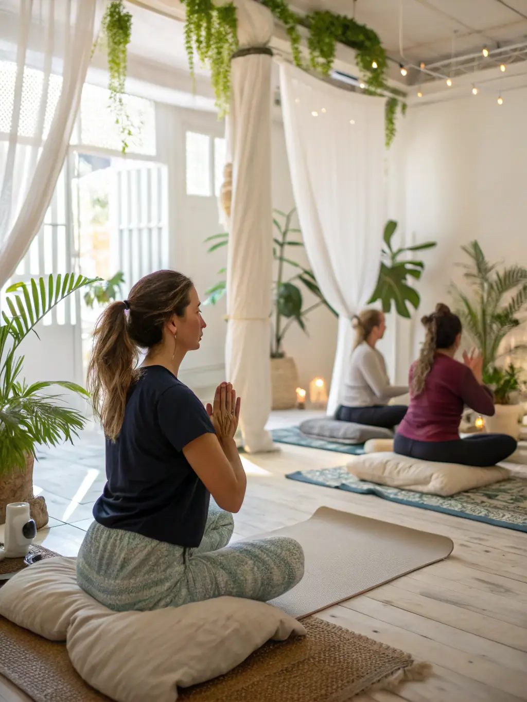 A serene image of a yoga class at ENJOYFITNESS, participants are practicing mindfulness and stretching exercises in a calming studio environment.