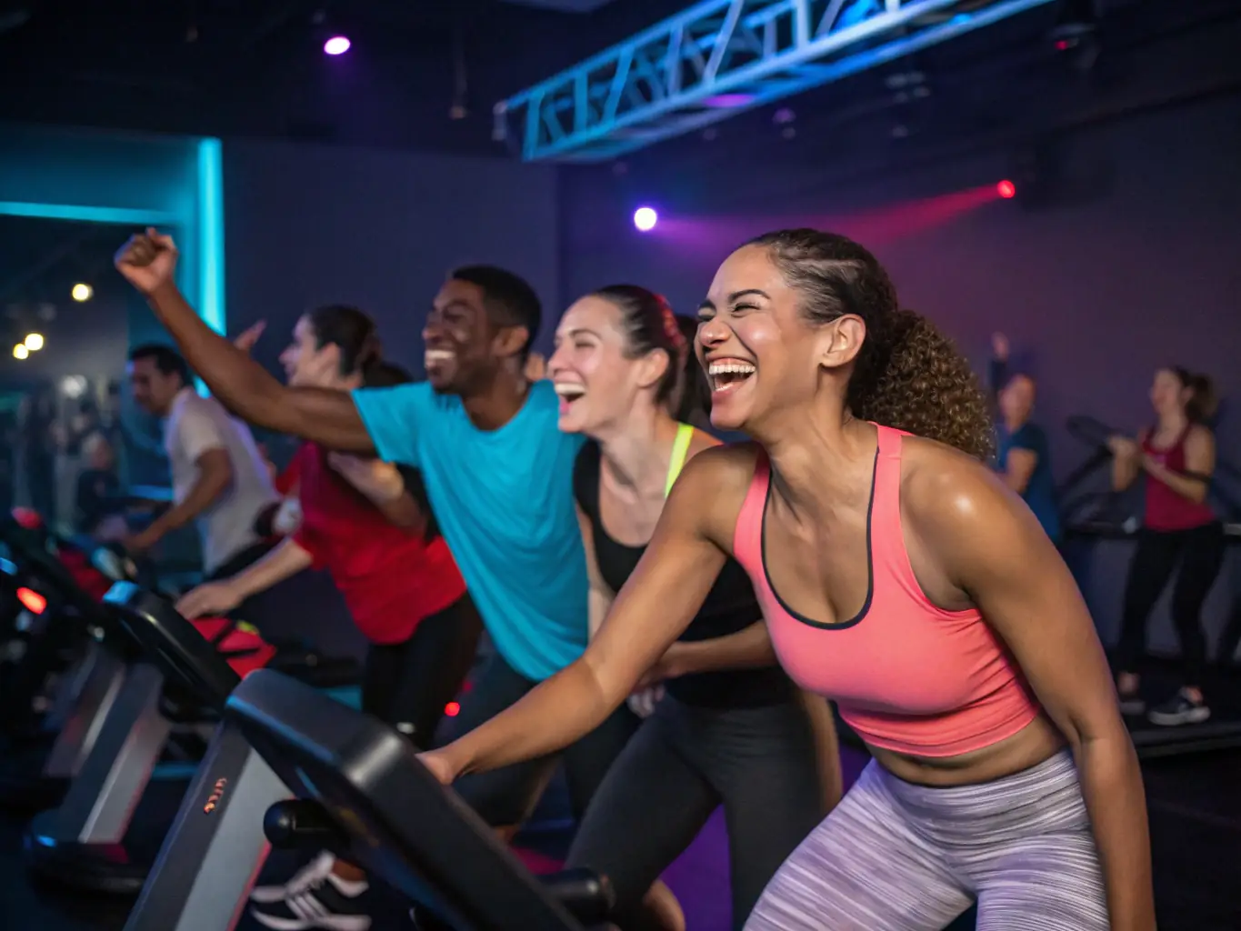 A vibrant image of a group of adults participating in a high-energy Zumba class at ENJOYFITNESS, showcasing the fun and engaging atmosphere of the gym's fitness programs.