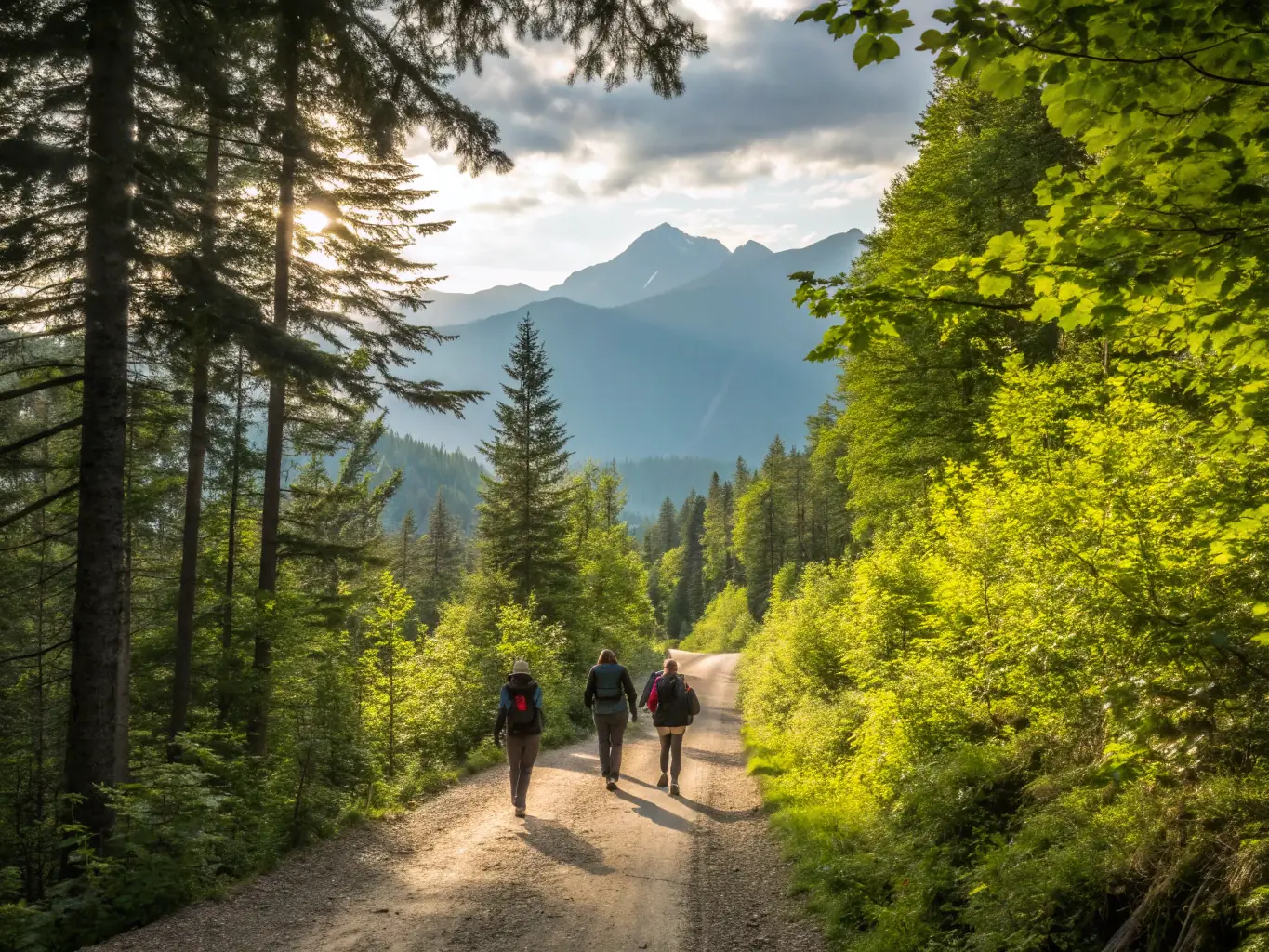 A scenic image of a group of people hiking and enjoying the outdoors, surrounded by lush greenery and beautiful landscapes.