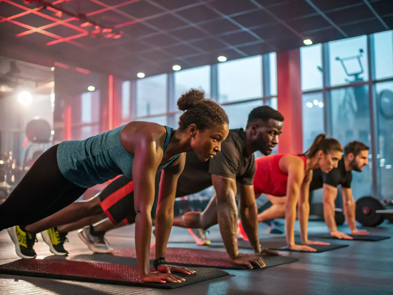 A dynamic image showcasing a group of people participating in a high-energy gym workout session, with modern equipment and an instructor leading the class.